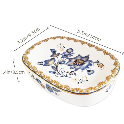 Self Draining Soap Dish, Double-Layer Bar Soap Tray, White Ceramic Soap Dish with Elegant Patterns (Style D) - color: Style D