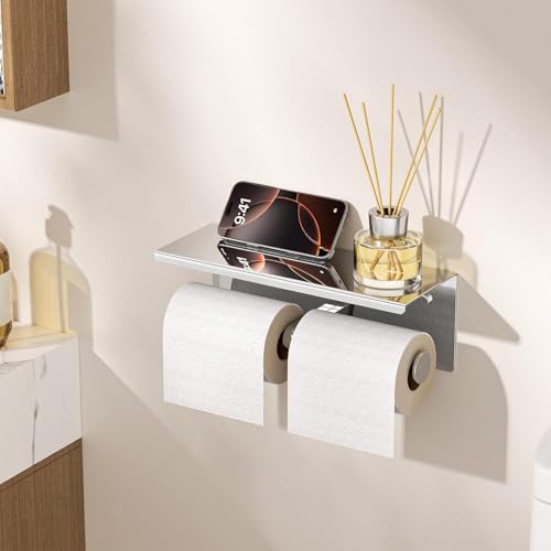 FORIOUS Double Toilet Paper Holder with Shelf, Wall Mount Tissue Roll Holder for Bathroom, 304 Stainless Steel Commercial Toilet Tissue Dispensers with Phone Shelf (1, Chrome) - color: Chrome