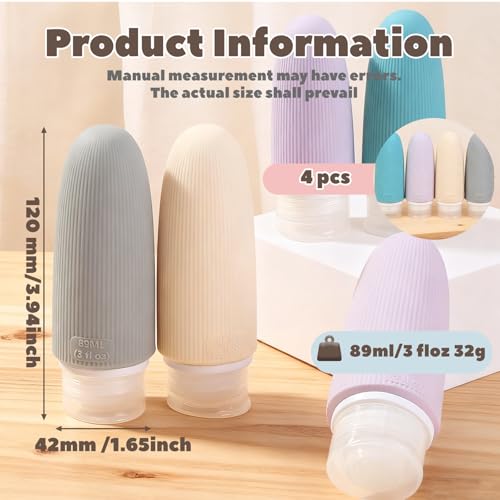 Travel Bottles for Toiletries, TSA Approved Silicone 4 Pack, Leak Proof Refillable Containers, Soft Squeeze Wide Mouth for Shampoo Conditioner Lotion, Matte Pastel (3oz 89ml)