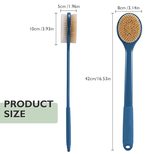 VANZAVANZU 17 Inch Anti-Slip Long Handle Back Scrubber for Shower – Dual-Sided Shower Brush and Shower Back Scrubber with Soft and Stiff Bristles for Wet or Dry Brushing (Navy Blue) - size: 17 in - Navy Blue