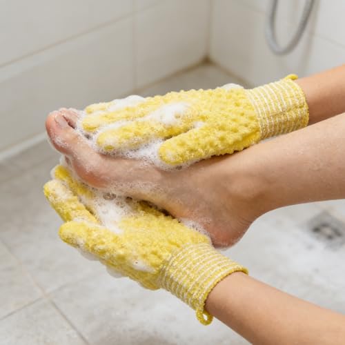 Exfoliating Bath Gloves 2 Pairs - Heavy Texture Body Scrub Gloves for Shower, Spa, Massage and Body Scrubs, Dead Skin Remover, Washing Gloves with Hanging Loop(Yellow) - color: Yellow