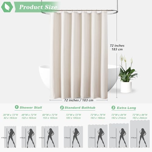 meioro Fabric Shower Curtain, Neutral Linen Textured Shower Curtain Set with 12 Hooks, Boho Farmhouse Bath Decor 230GSM Heavy Duty Polyester Cloth Shower Curtains for Bathroom, 72Wx96H, Beige/Cream