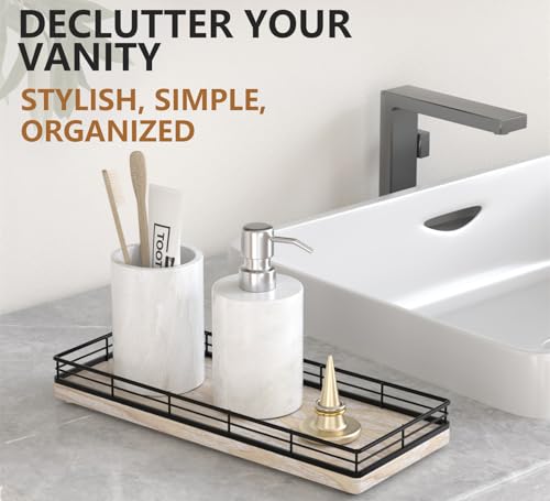 Bathroom Tray for Counter Top Organizer, Ash Wood Vanity Tray | Metal Frame for Dresser, Kitchen & Nightstand, Black & Whitewashed Decorative Storage - color: Black & Whitewashed, size: 11" x 4.5" x 1.5"
