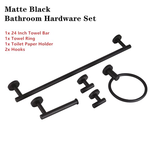 Matte Black Bathroom Hardware Set, Modern 24-Inch Towel Bar Set Wall Mounted, Towel Rack Set Black,Stainless Steel Bathroom Accessories Set Black,5-Pieces - color: Matte Black