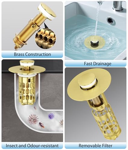 QYHNYJF Upgraded Bathroom Sink Stopper with Hair Catcher - Universal Pop-Up Drain Plug, Stainless Steel & Silicone Seal for 1.1-1.5 Inch Drains, Gold Matte Brushed Finish (Gold Matte Brushed) - color: Gold Matte Brushed