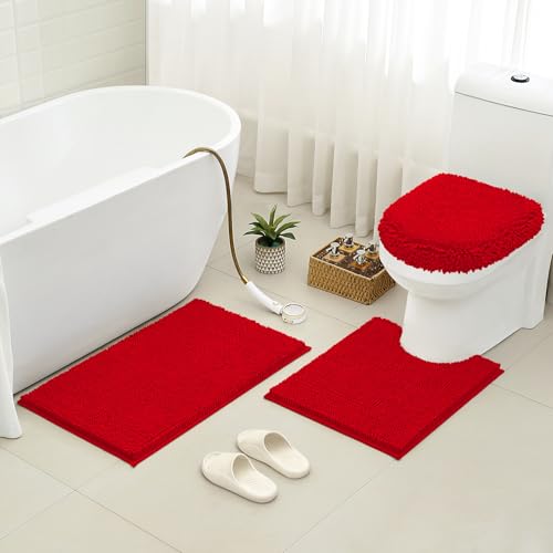 HOMEIDEAS 3 Pieces Red Bathroom Rugs Set, Ultra Soft Non Slip Bath Rug and Absorbent Chenille Bath Mat, Includes U-Shaped Contour Rug, Bath Mat and Toilet Lid Cover, Perfect for Bathroom, Tub - color: Red, size: 20"x32"+U 20"x24"+Cover 18"x21"