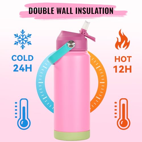 Fijinhom 24oz Insulated Stainless Steel Water Bottle, Wide Mouth Double Wall Vacuum, Silicone Straw, Sweat & Leak Proof, BPA Free Insulated Water Flask for Travel, Keep Cold 24h Hot 12h, Berries - color: Berries, size: 24 Ounces
