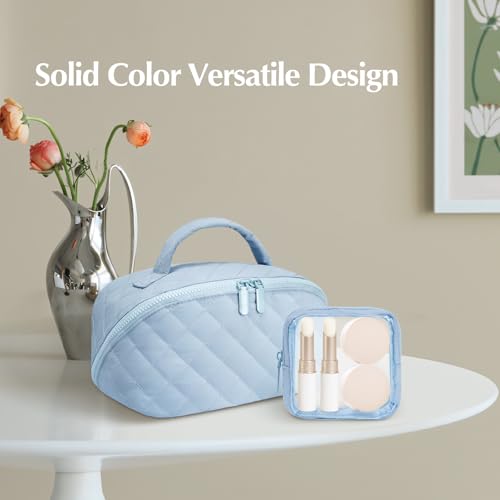 honitty Makeup Bag, Quilted Makeup Bag, Puffy Travel Make up Bags, Cosmetic Organizer Bag, Waterproof Toiletry Bag for Women - color: Blue