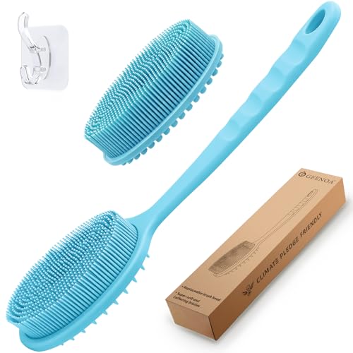 Silicone Back Scrubber for Shower, Gentle Exfoliating Body Scrubber & Back Washer with Handle, Silicone Loofah with Two Dual-Side & Replaceable Brush Heads(Blue-Two Heads) - color: Blue-two Heads