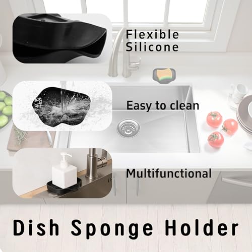 4.9” x 3.9” Silicone Soap Dish with Self-Draining Spout, Multi-Purpose Kitchen Bathroom Sink Organizer Tray for Bar Soap, Sponge, Dispenser Bottle Counter Storage, Black - color: Black, size: 4.9” x 3.9”