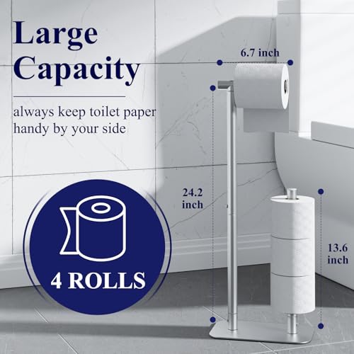 Kitsure Toilet Paper Holder Free Standing - Large Capacity Toilet Paper Holder for 4 Rolls, Rustproof Toilet Paper Stand with Non-Slip Stable Base, Silver, Medium - color: Silver, size: Medium - 1 Pack