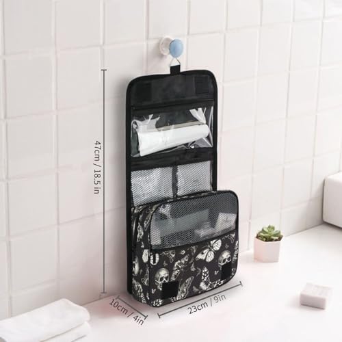 MNSRUU Hanging Toiletry Bag Gothic Skull Butterfly Travel Makeup bag for Toiletries Portable Travel Toiletry Organizer Cosmetic Bags with Hanging Hook - color: Skull A8414