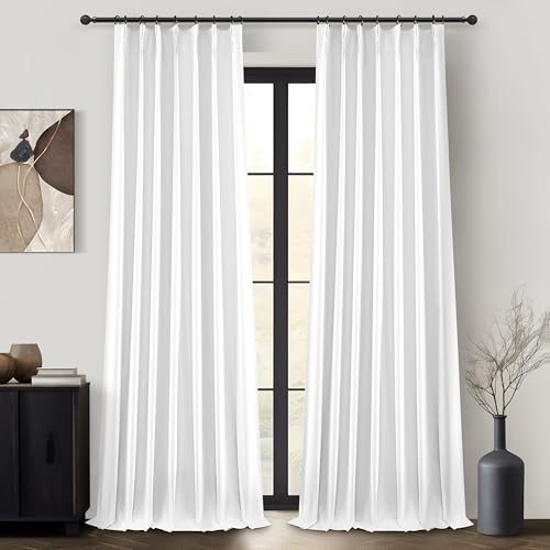 Pinch Pleated Bright White Blackout 95 Inch Curtains 2 Panels Set for Bedroom, Elegant Flax Linen Room Darkening Drapes with Hooks Rings & Ceiling Track 95 Inches Length Window Curtain for Dining Room - color: Brightwhite, size: 40"W x 95"L (Pack of 2)