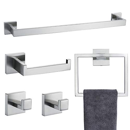 Bathroom Towel Bar Set 5 Pieces Brushed Nickel Square Modern Bathroom Hardware Set,Stainless Steel Wall Mounted 23.6-Inch - color: Brushed