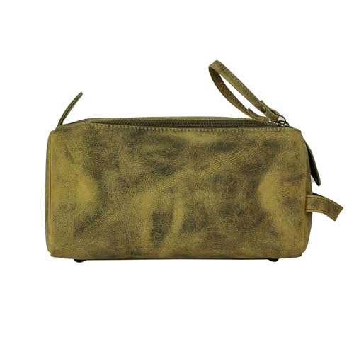 KomalC Premium Buffalo Leather Toiletry Bag for Men & Women With Water resistant Lining, Grooming Travel Pouch, Unisex Wash Bag for Toiletries, Gifts for Men and Women - color: Distressed Green Tan