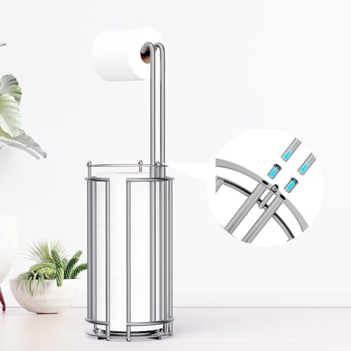 Meangood Toilet Paper Holder Stand and Tissue Paper Roll Dispenser for 4 Mega Rolls, Bathroom Free Standing Tissue Roll Storage Holder Rack, Detachable (Matte Silver) - color: Matte Silver