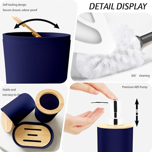 Lnond Blue Bathroom Set, Blue Abstract Cubes Bathroom Accessories Sets Complete, Luxury Restroom Set with Shower Curtain and Rugs, Trash Can, Toilet Brush Holder Set & Soap Dispenser - style: Blue