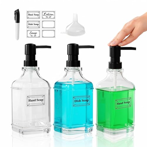 3 Pack Glass Soap Dispenser with Pump, 17oz/500ml Square Refillable Hand and Dish Soap Dispenser for Bathroom Decor & Kitchen Sink, Clear Pump Bottles for Liquid, Lotion (Includes 6 Labels) - size: 17 oz Clear 3Pack