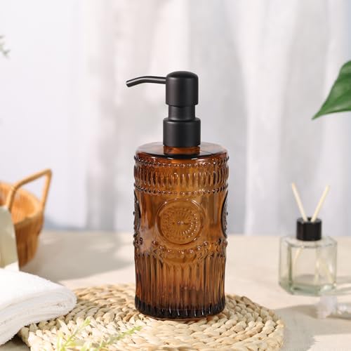 17 OZ Sunflower Embossed Glass Soap Dispenser - 2 Pack, with 304 Rust Proof Stainless Steel Pump, Glass Soap and Lotion Dispenser Set, Liquid Hand Soap Dispenser for Home, Kitchen & Bathroom (Amber) - color: Amber