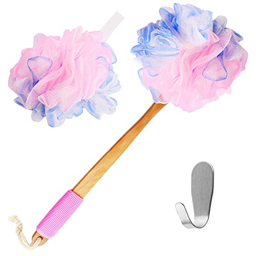 Yoove Loofah Back Scrubber w/Bamboo Charcoal Fiber Infused Bath Sponge, Wooden Handle, Luffa Pouf, Sponge Stick & Hanging Hook for Men & Women, Pink Loofah w/Handle, Loofa, Lufa Body Scrubber Stick - style: Pink