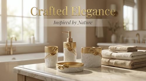 Hymmah Bathroom Accessories Set,Golden Design Toothbrush Holder,Farmhouse Bathroom Decor,4 Pcs Resin Gift Set Apartment Necessities, Contain Toothbrush Cup,Soap Dispenser,Soap Dish,Tumbler - color: Calla Gold