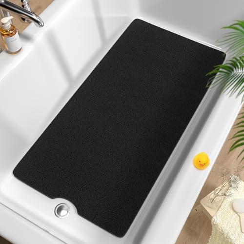 HITSLAM Non Slip Bathtub Mat 40 x 20 Inch, Extra Long Bath Mat for Tub, Soft PVC Loofah Shower Floor Mat with Drain, Quick Drying Bathroom Tub Mat for Wet Area, Without Suction Cup, Black - color: Black, size: 40" x 20" (Rectangular)