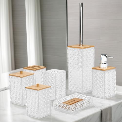 Bathroom Accessory Set,7 Pcs White Bathroom Set Include Soap Dispenser, Qtip Holder Dispenser, Soap Dish,Toilet Brush,Toothbrush Holder & Mouthwash Cup.Boho Bathroom Set