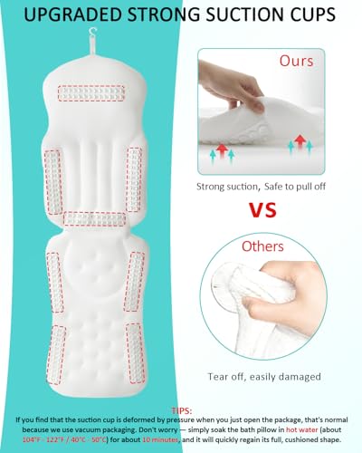Full Body Bath Pillow for Bathtub, 5D Thick Tub Pillow for Bathtub with 192 Non-Slip Suction Cups, Laundry Bag & Hook, Bathtub Pillow for Head, Neck & Back Support (White, 51"*15") - color: White