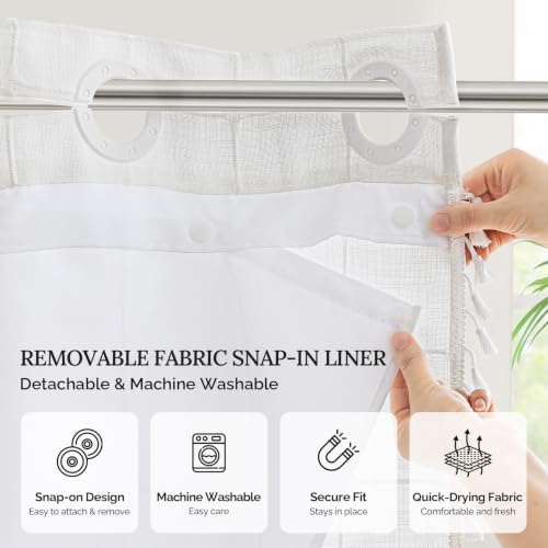 River Dream White Farmhouse Shower Curtain with Snap-in Liner, No Hooks Needed,with Magnets,with Tassels,Water Repellent&Machine Washable,36x74Inch - color: White, size: 36"W x 74"L (Pack of 1)