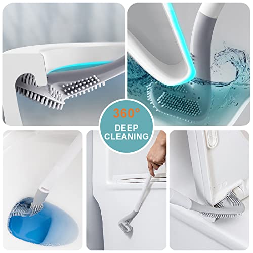 Toilet Brush, Long Handle Golf Toilet Brush with Holder 360° Deep Cleaning Flexible Silicone Toilet Cleaner Brush Wall Mounted for Bathroom (2Pcs Grey) - color: 2pcs Grey
