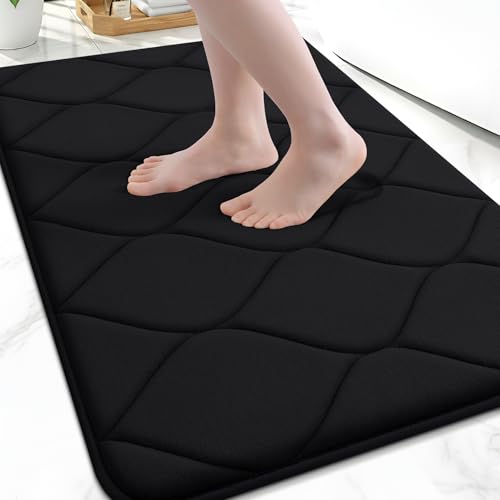 Smiry Memory Foam Bath Mat 47''x17'', Ultra Soft Non-Slip Bathroom Rug, Plush Water Absorbent Quick Dry and Machine Washable Floor Mat for Shower, Tub & Home Decor, Black - color: Black, size: 47''x17''