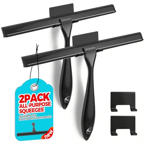 ALFLOD 2pcs Shower Squeegee for Glass Doors with Adhesive Hanging Hook Set | 12” black, bathroom accessories, window cleaner, new home essentials, soft rubber blade, metal handle, ergonomic grip - color: Black, size: 12 Inch