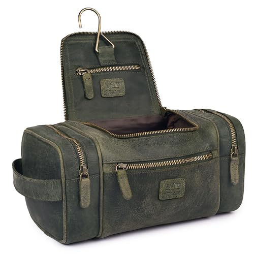 LEATHER VILLAGE Genuine Leather Travel Dopp Kit for Men & Women – Water-Resistant Large-Capacity Hanging Toiletry Bag for Travel, Grooming, Bathroom Organization, Shaving Essentials & Gym Use - Olive - color: Olive
