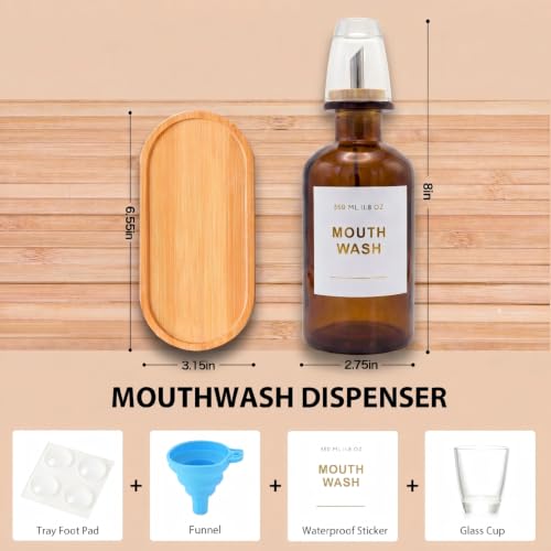11.8OZ Glass Mouthwash Dispenser for Bathroom with Stainless Steel & Bamboo Nozzle, Mouthwash Cup Reusable, Bamboo Tray, and Elegant Gold Sticker.Set of 2（Amber - color: Amber/350*2