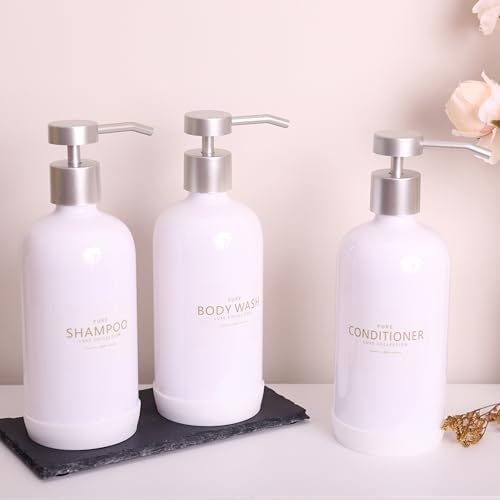 Shampoo and Conditioner Dispenser Set of 3,Refillable 21oz Shampoo Bottles with Non-Slip Protective Silicone Pad,Shower Soap Dispenser with Waterproof Labels for Bathroom (White) - color: White Bottles + Silver Pumps