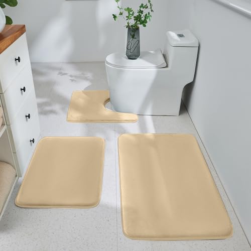 HUXMEYSON Bathroom Rugs Sets 3 Piece, Ultra Soft Velvet Memory Foam Bath Rugs, Non-Slip & PVC Backing Bathroom Mat Set, Washable Quick Dry Bath Rug - Khaki - color: Khaki, size: 17"x24"+20"x32"+U Shape 20"x24"