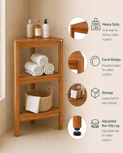 Fully Assembled Teak Corner Bath Shower Storage Stand, Corner Shelves, Shower Caddy 26.5"