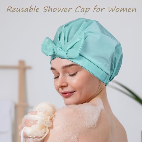 Shower Cap for Women Reusable Waterproof, Large Satin Shower Bonnet, Washable Bath Hat for Long Hair, Braids, Curly Hair, Aqua - color: Aqua