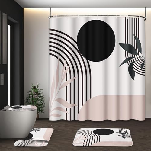Boho Mid Century Shower Curtain Set with Toilet Lid Cover and Non-Slip Rugs, Abstract Pink Black 4 Pcs Modern Minimalist Shower Curtain for Bathroom Set with 12 Hooks - color: Boho Pink