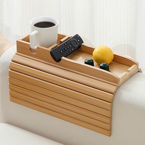 Bamboo Couch Cup Holder Arm Tray Table，Foldable Couch Drink Holder Armrest Table，Sofa Arm Rest Tray，Flexible Arm Chair Table Tray Recliners for Drink,Cups, Snacks, Phone, Remote (Bamboo) - color: Bamboo