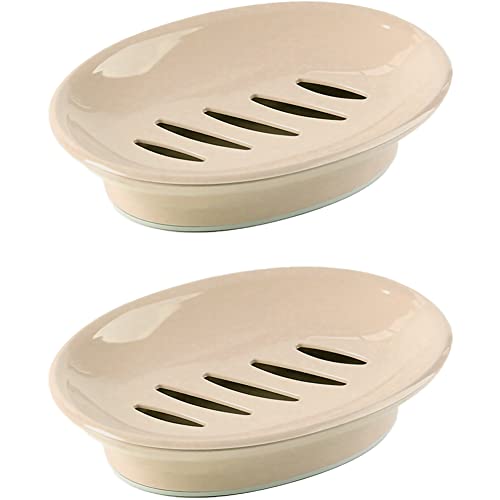 WYOK 2-Pack Soap Dish with Drain Plastic Sponge Holder Easy Cleaning Soap Saver Tray Caddy Keep Dry Stop Mushy for Shower Bathroom Kitchen(Khaki) - color: Khaki