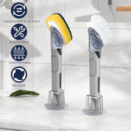 Dish Brush with Soap Dispenser Storage Set with 2 PCS Brush Refills & Holder, Dish Scrubber with Soap Dispenser, Dish Soap Brush, Dish Wand with Soap Dispenser for Dishes, Pans, Sink, Pots(Gray) - color: Gray