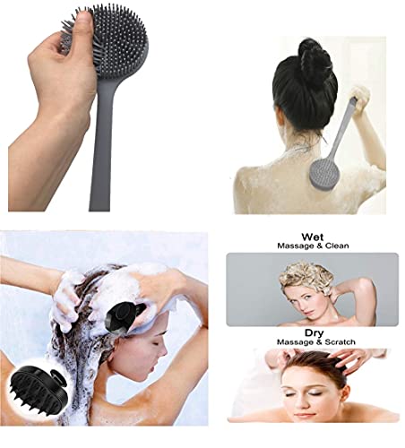 Silicone Body Scrubber & Scalp Massager, Long Handle Back Scrubber for Shower, Exfoliating Brush, Hair Dandruff Shampoo Brush for Men, Women & Kids - color: Gray