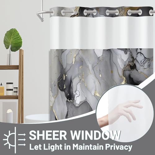Marble Bathroom Sets with Rugs for Bathroom Decor, 72x72 Inches Gold Shower Curtain with Non-Slip Rugs and Accessories, Waterproof Machine Washable Bath (No Hooks-Gary 01) - color: No Hooks-gary 01
