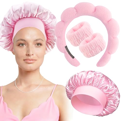 Pink Headband Hair Bonnet For Sleeping Shower Cap For Women Reusable Waterproof Skincare Head Bands Hair Accessories For Women Satin Bonnet Spa Headband Wrist Bands for Washing Face