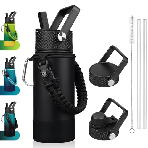 BJPKPK Water Bottle with Straw Lid, 18oz Insulated Water Bottles with 3 Lids, Paracord Handle & Non-slip Boot, Metal Stainless Steel Thermal Flasks, BPA Free Leak Proof Cups, Tumblers,Black - color: Black, size: 18 Ounces