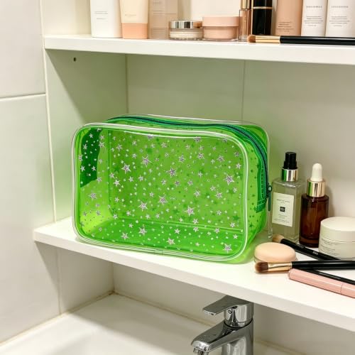 Waterproof Makeup Bag with Silver Stars, Pink Clear Cosmetic Pouch, 7x2.3x4.7 Inches, TSA Approved Travel Toiletry Organizer, 2 Pack (Green+Star) - color: Green+Star
