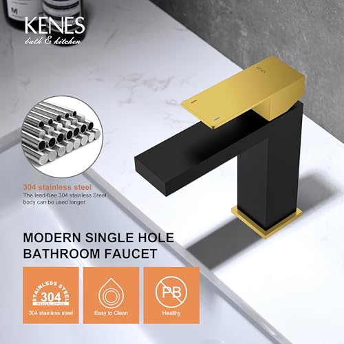 KENES Single Handle Bathroom Sink Faucet, Black and Gold Bathroom Faucets Single Hole, Vanity Faucet with Pop Up Drain and Supply Lines, Matte Black/Brushed Gold LJ-9031-BG - color: Black & Gold, size: Short