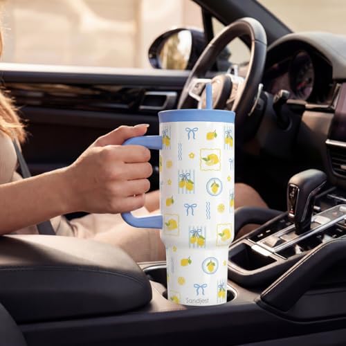SANDJEST Lemon Stainless Steel Locking Lid Silicone Straw Tumbler with Handle 40oz, Insulated Stainless Steel Travel Cup for Women Girls Friends, Gift Idea for Birthday Summer Vacation - color: Lemon