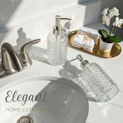 BOPPIE Ribbed Glass Soap Dispenser, Modern Countertop Hand & Dish Soap Dispenser for Bathroom/Kitchen, Refillable Liquid Soap Bottle with Rust Proof Pump Set of 2 (Clear Glass) - color: Clear Glass